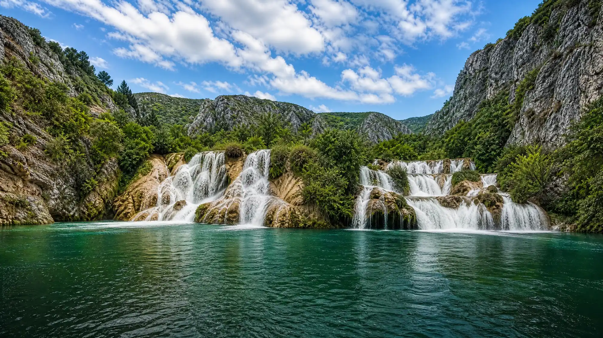 Visitez un canyon karstique de 200 mètres de profondeur, avec des bassins émeraude et des cascades de tuf. L'accès est gratuit, mais les excursions guidées en kayak et en rafting offrent la meilleure expérience sur la rivière.